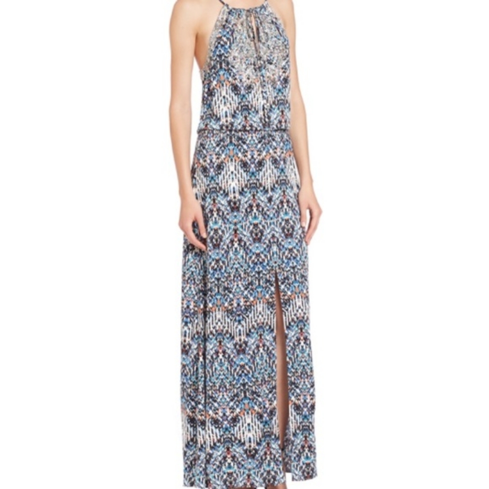 Parker Madera Print Beaded Halter Maxi Dress in Blue Multi Size Medium